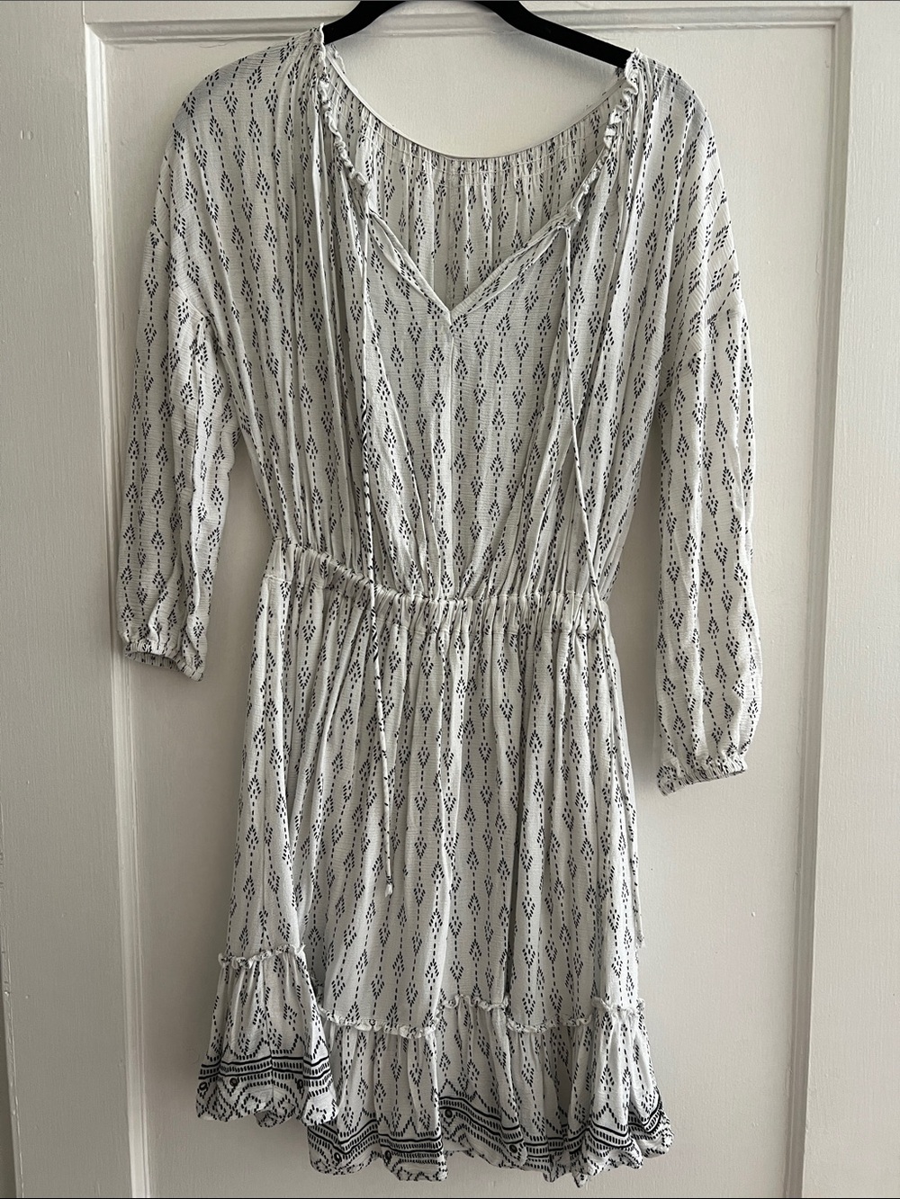 White Printed Boho Tunic Dress with Cinched Waist